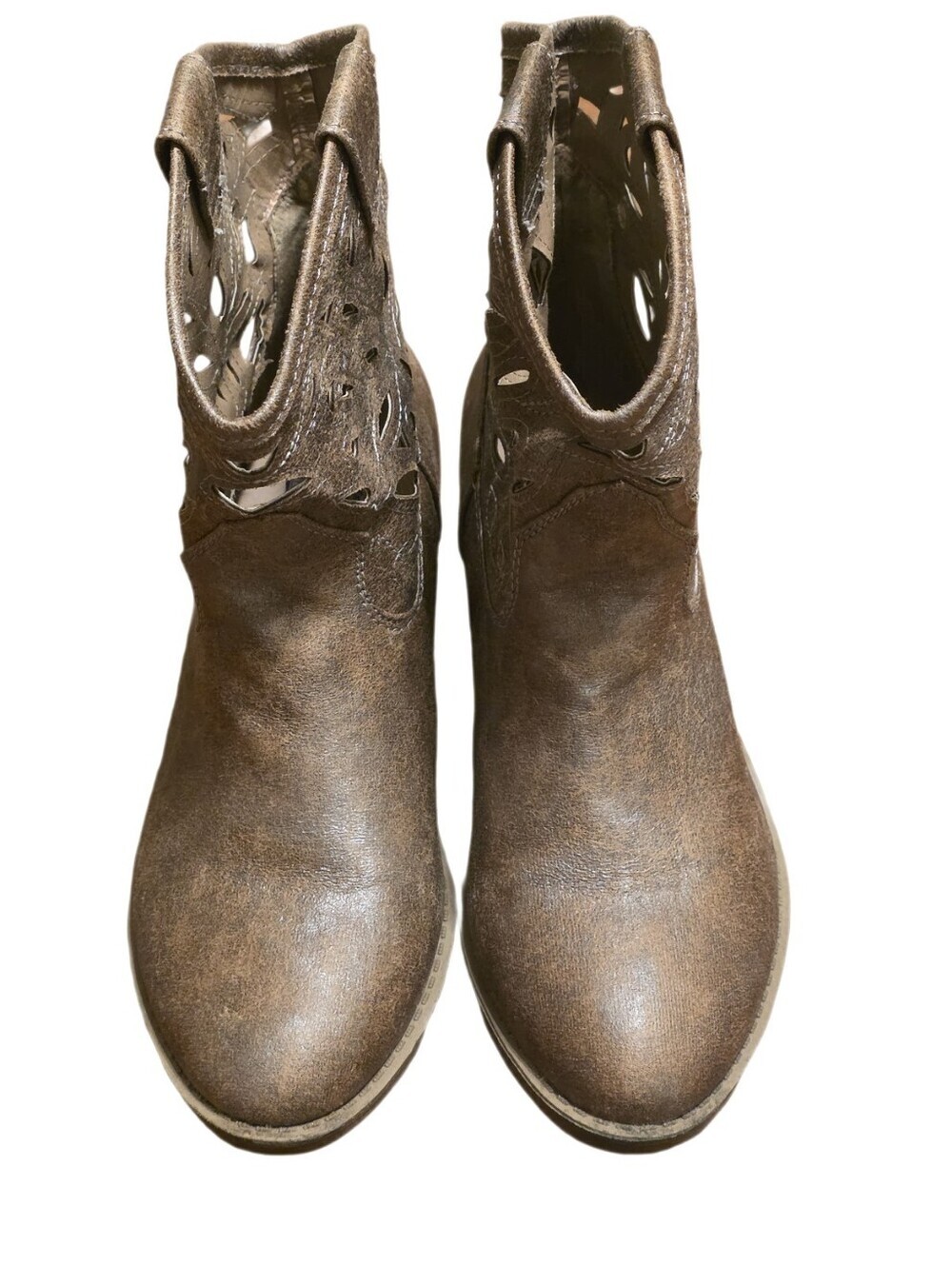 SO Laser Cutout Western Cowboy Ankle Boots Distressed Taupe Brown Booties 8 - Picture 3 of 11